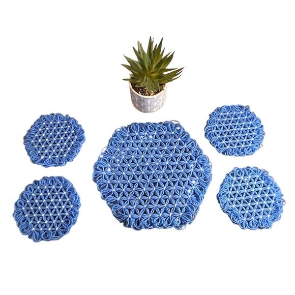 Handmade Crochet Coaster Set – 4 Small + 1 Large – Blue Cotton Mug Rugs - Picture 1 of 6